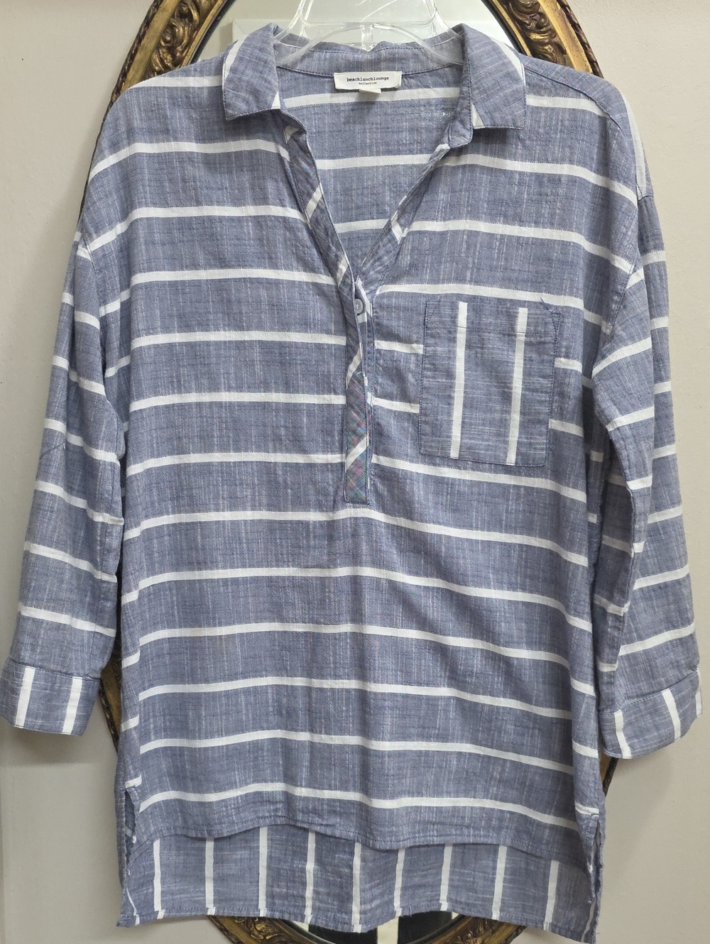 beachlunchlounge Blue White Striped Casual Button Down Shirt Size Small Beachy